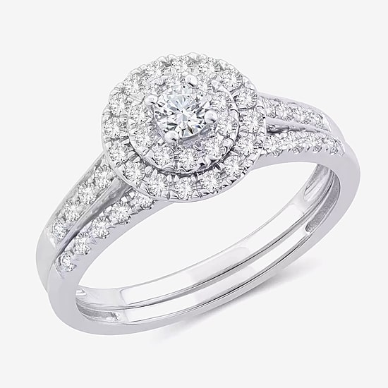 Womens 1/2 CT. T.W. Natural White Diamond 10K Gold Round Side Stone Halo Bridal Set