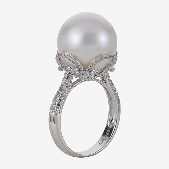 Womens 13MM White Cultured Freshwater Pearl Sterling Silver Cocktail Ring