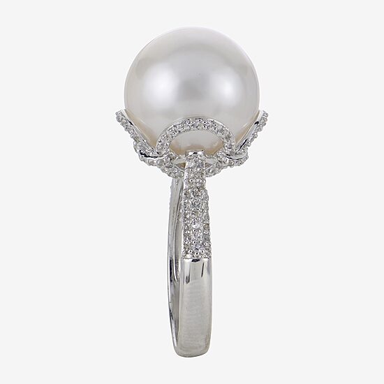 Womens 13MM White Cultured Freshwater Pearl Sterling Silver Cocktail Ring