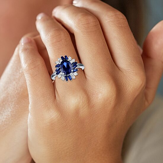 Womens Lab Created Blue Sapphire Sterling Silver Oval Cluster Halo Cocktail Ring