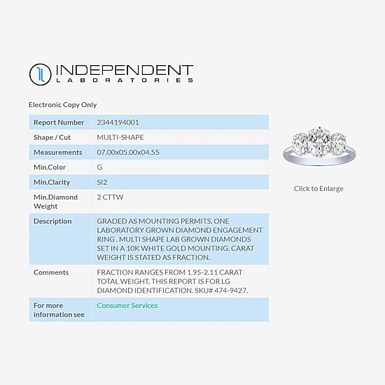 Love Lives Forever (G / Si2) Womens 2 CT. T.W. Lab Grown White Diamond 10K Gold Oval 3-Stone Engagement Ring