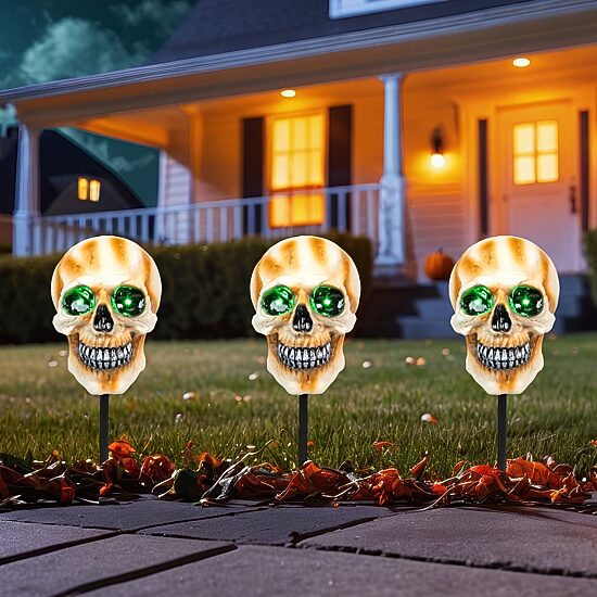 Northlight 15" Set Of 3 Led Lighted Skeleton Head Halloween Yard Art