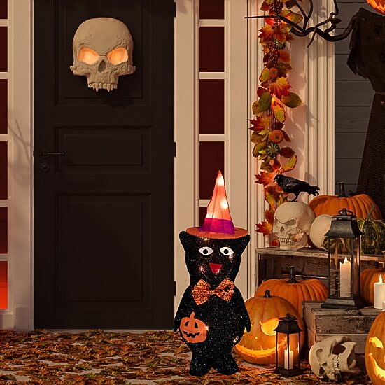 Northlight 24" Lighted Black Cat In Witch'S Hat Halloween Yard Art