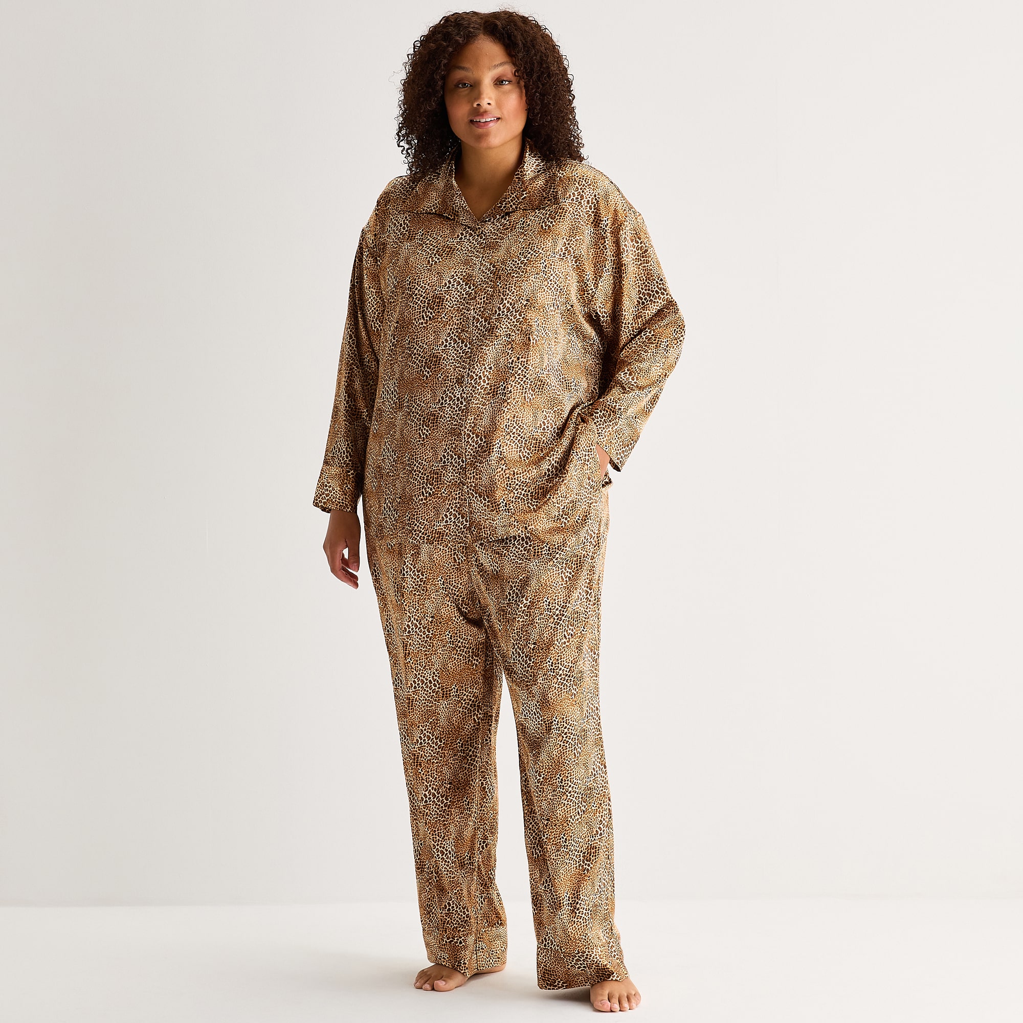 Ambrielle Womens Satin Long Sleeve 2-pc. Plus Pajama Set