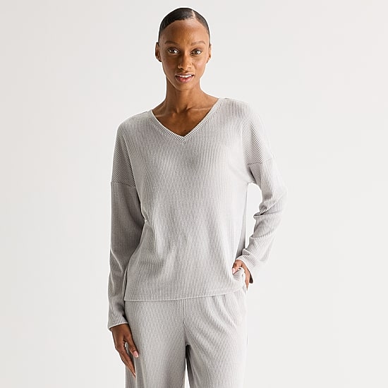 Ambrielle Womens Rib V Neck Long Sleeve Pajama Top