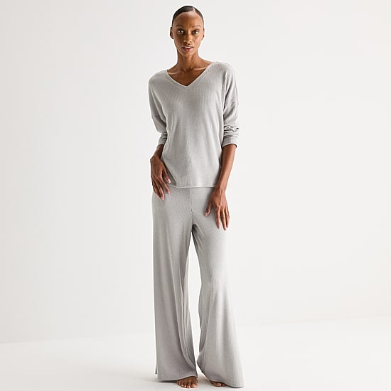 Ambrielle Womens Rib V Neck Long Sleeve Pajama Top