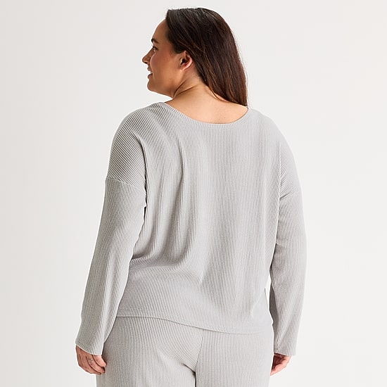 Ambrielle Womens Rib V Neck Long Sleeve Plus Pajama Top