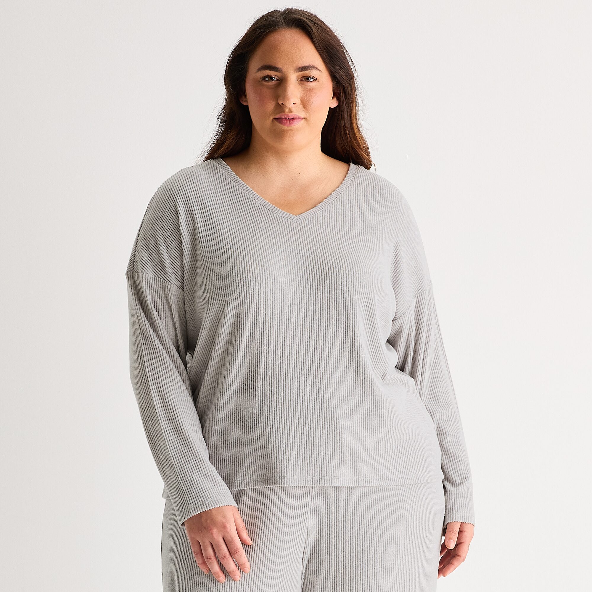Ambrielle Womens Rib V Neck Long Sleeve Plus Pajama Top
