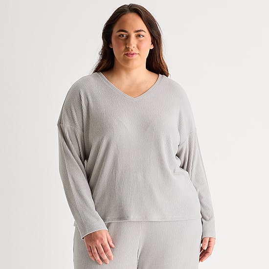 Ambrielle Womens Rib V Neck Long Sleeve Plus Pajama Top