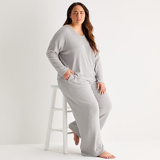 Ambrielle Womens Rib V Neck Long Sleeve Plus Pajama Top