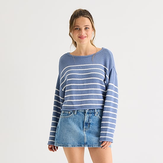 Arizona Juniors Womens Boat Neck Long Sleeve Striped Pullover Sweater