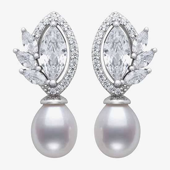 Womens White Cultured Freshwater Pearl Sterling Silver Marquise Drop Earrings