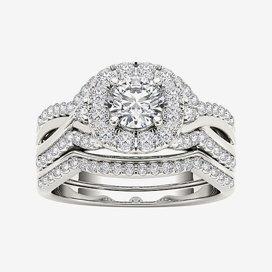 1 1/4 CT.T.W. Natural Diamond 14K White Gold Halo Bridal Ring Set