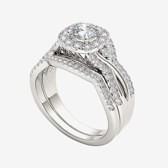 1 1/4 CT.T.W. Natural Diamond 14K White Gold Halo Bridal Ring Set