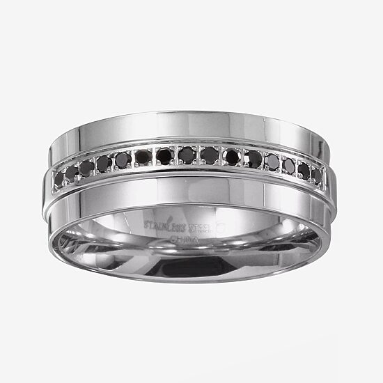 Mens 8MM Diamond Stainless Steel Wedding Band