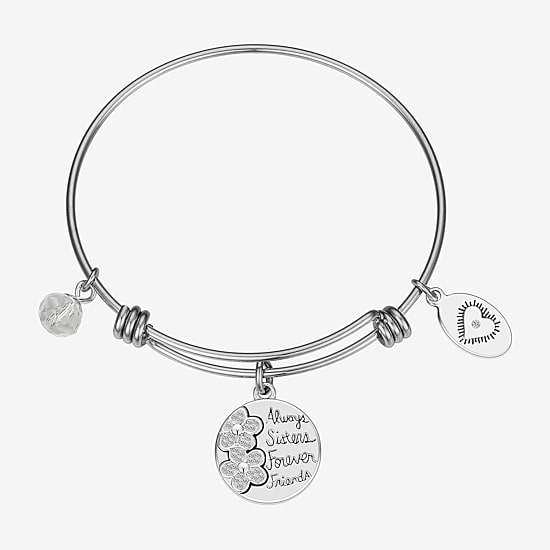Footnotes Sister Womens Crystal Stainless Steel Flower Round Bangle Bracelet