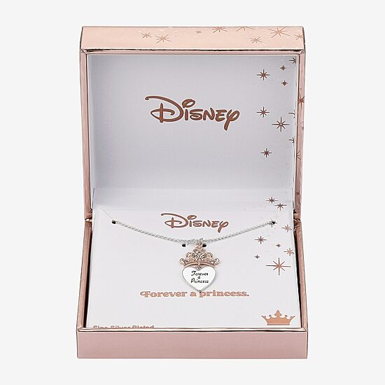 Disney Classics Womens Crystal Pure Silver Over Brass Crown Heart 16 Inch Pendant Necklace
