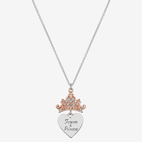 Disney Classics Womens Crystal Pure Silver Over Brass Crown Heart 16 Inch Pendant Necklace