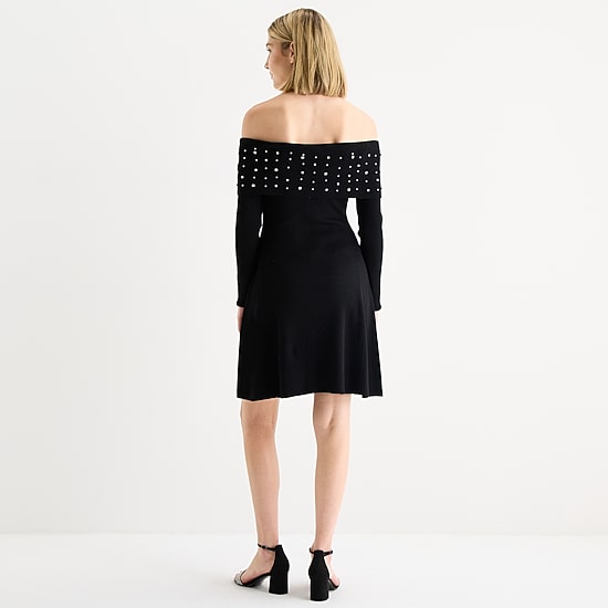 by&by Off Shoulder Womens Juniors Long Sleeve Embellished Sweater Dress