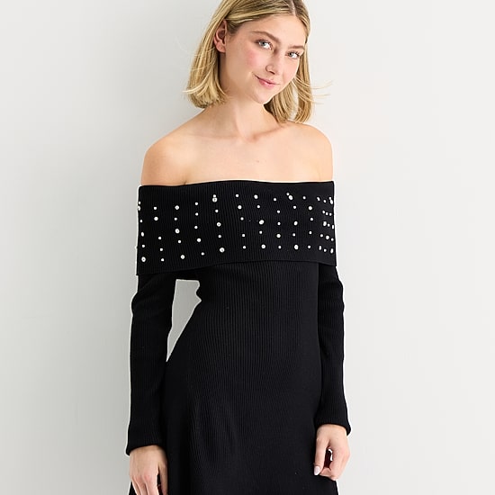 by&by Off Shoulder Womens Juniors Long Sleeve Embellished Sweater Dress