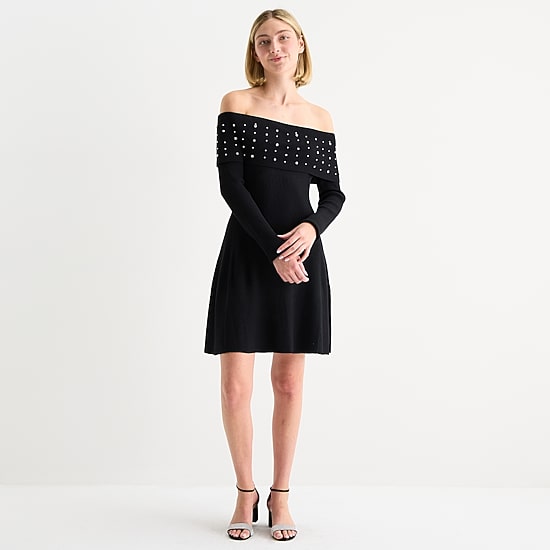 by&by Off Shoulder Womens Juniors Long Sleeve Embellished Sweater Dress
