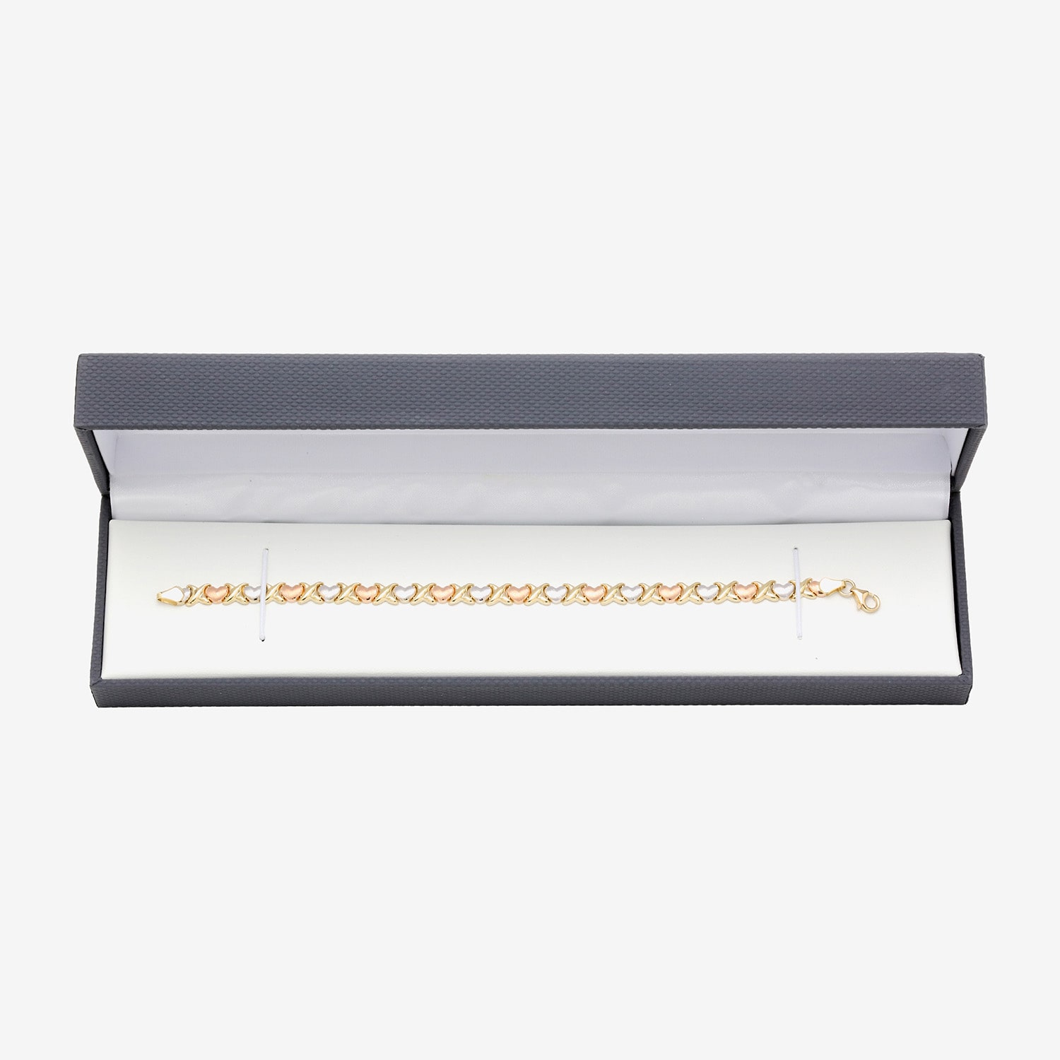"Hearts & Kisses" Womens 10K Tri-Color Gold Hollow Heart 7.25 Inch Link Bracelet