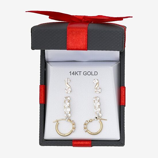 Womens 3 Pair Cubic Zirconia 14K Gold Earring Set