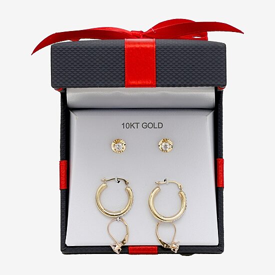 Womens Cubic Zirconia 10K Gold Round 3 Pair Earring Set
