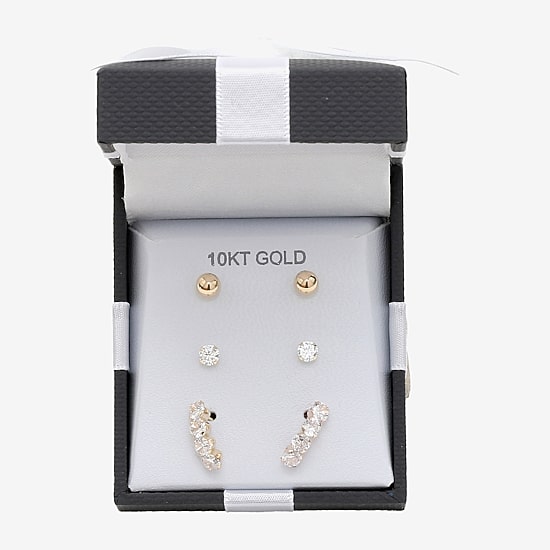 Womens Lab Created Cubic Zirconia 10K Gold Ball 3 Pair Earring Set
