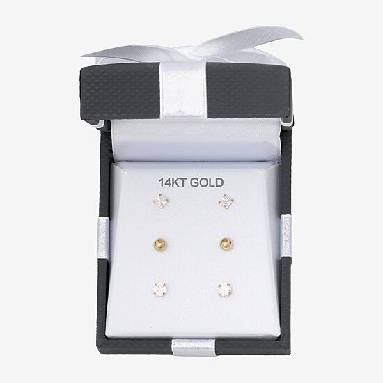 Womens Cubic Zirconia 14K Gold Ball Round 3 Pair Earring Set