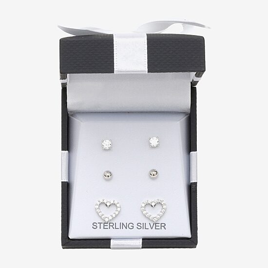 Womens Cubic Zirconia Sterling Silver Heart 3 Pair Earring Set