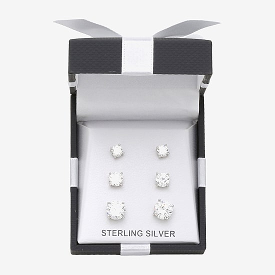 Womens Cubic Zirconia Sterling Silver Round 3 Pair Earring Set