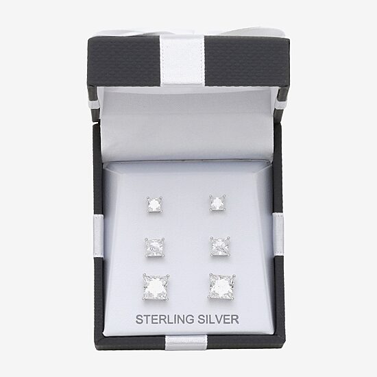 Womens Cubic Zirconia Sterling Silver Round 3 Pair Earring Set