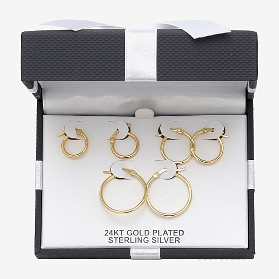 Womens 24K Gold Over Silver Round 3 Pair Earring Set