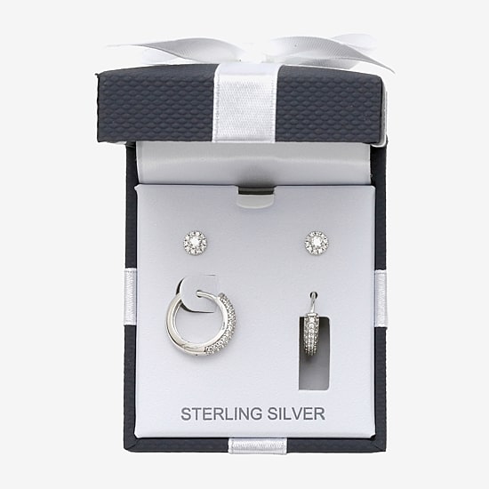 Womens Cubic Zirconia Sterling Silver 2 Pair Earring Set