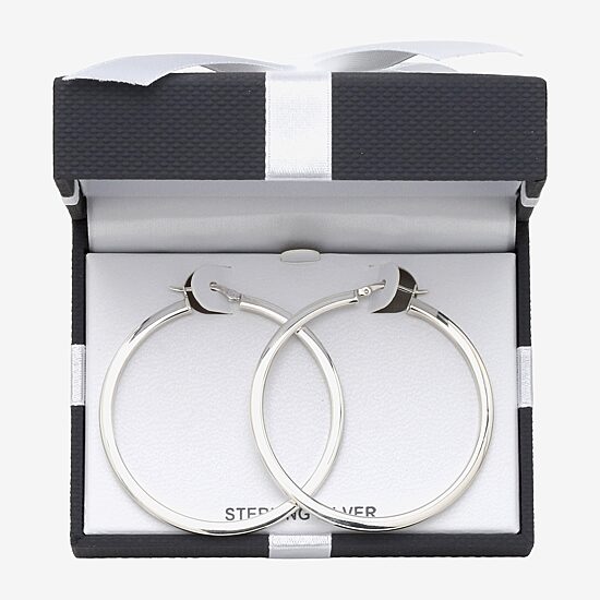 Womens Sterling Silver 50mm Round Hoop Earrings