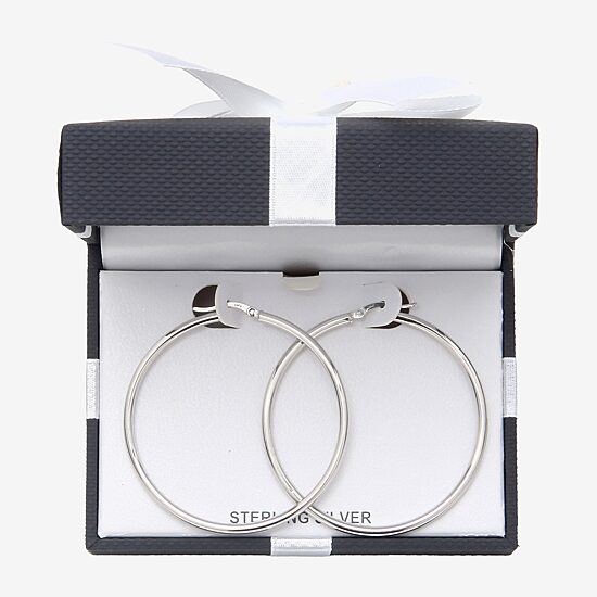 Womens Sterling Silver 50mm Round Hoop Earrings