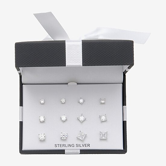 Womens Cubic Zirconia Sterling Silver Round 6 Pair Earring Set