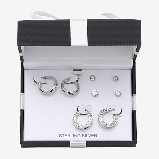 Womens Cubic Zirconia Sterling Silver Round 4 Pair Earring Set