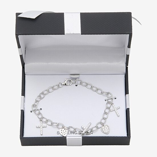 Diamonart Womens Cubic Zirconia Sterling Silver Cross Heart Charm Bracelet