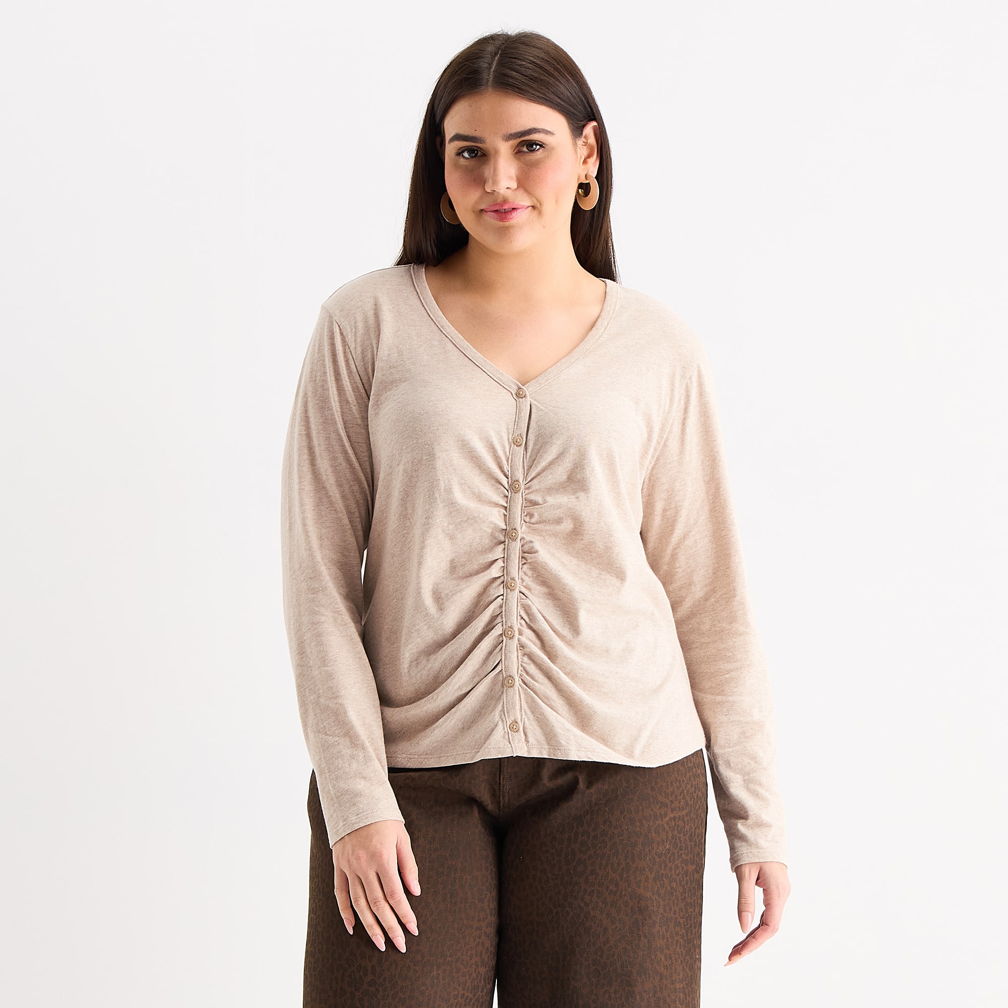 a.n.a Womens Plus Y Neck Long Sleeve T-Shirt