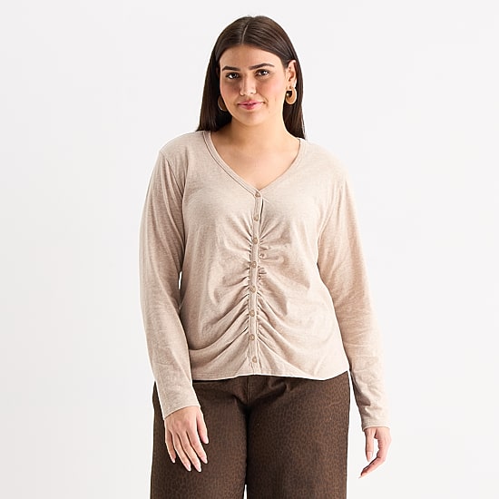 A.N.A Womens Plus Y Neck Long Sleeve T-Shirt