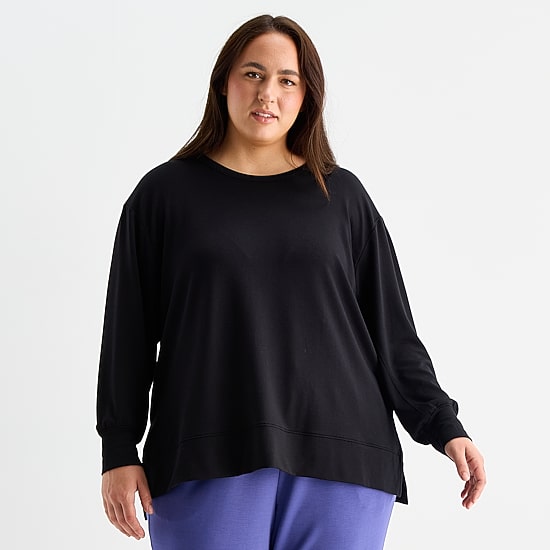 Xersion Womens Soft French Terry Crew Neck Long Sleeve Sweatshirt Plus