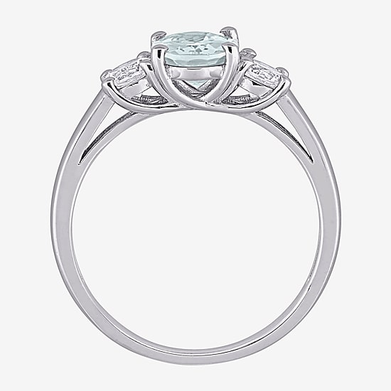 Modern Bride Gemstone Womens Genuine Blue Aquamarine Sterling Silver Oval 3-Stone Engagement Ring