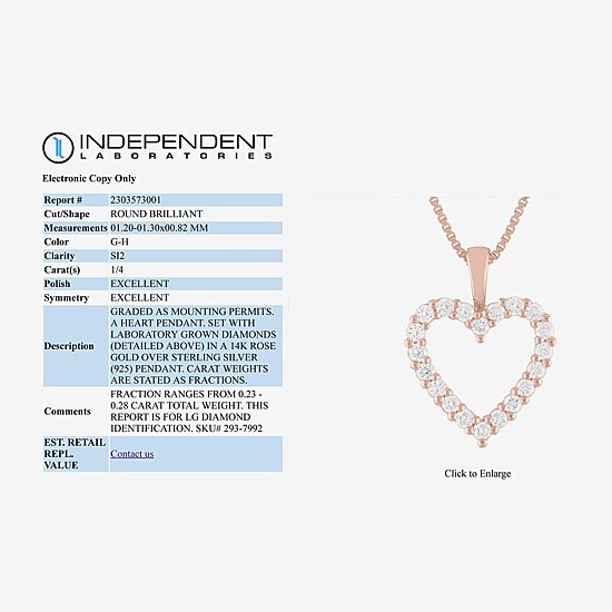 (G-H / Si1-Si2) Womens 1/4 CT. T.W. Lab Grown White Diamond 14K Rose Gold Over Silver Heart 18 Inch Pendant Necklace