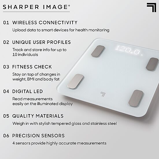 Sharper Image Digital Bathroom Scale, Tracks Body Fat & BMI, Bluetooth/Android/ iOS App Compatible