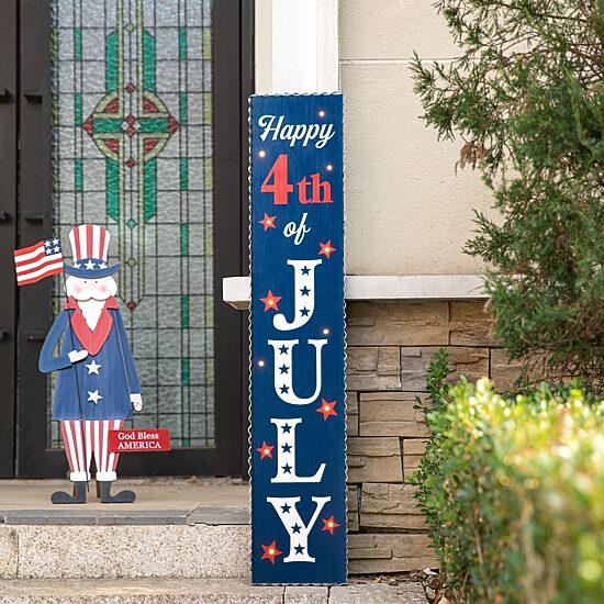 Glitzhome 42.5" Lighted Wooden Porch Sign 4th of July Yard Art