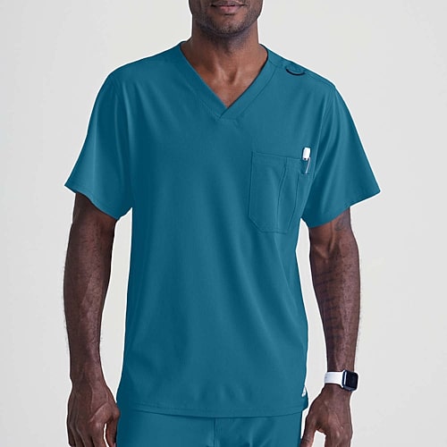 Skechers Sk0112 Structure 1-Pocket Mens V Neck Short Sleeve Tag Free Stretch Fabric Moisture Wicking Scrub Top, X-large, Blue