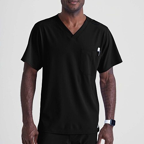 Skechers Sk0112 Structure 1-Pocket Mens V Neck Short Sleeve Tag Free Stretch Fabric Moisture Wicking Scrub Top, Medium, Black