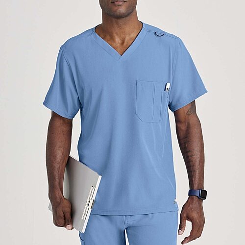 Skechers Sk0112 Structure 1-Pocket Mens V Neck Short Sleeve Tag Free Stretch Fabric Moisture Wicking Scrub Top, X-large, Blue